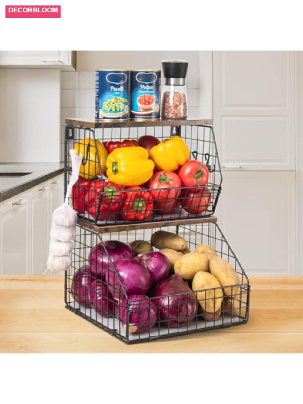 Stackable Wall Mounted Wire Fruit Basket with Wood Lid, 2-Tier Carbon Steel